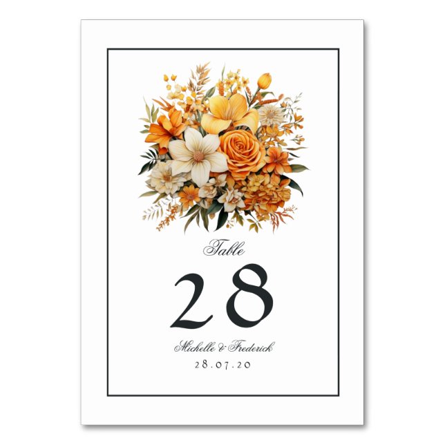 Yellow, Orange and Ivory Floral Wedding Table Number (Front)