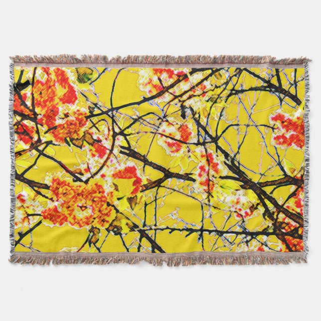 Yellow orange black abstract floral design throw blanket (Front)