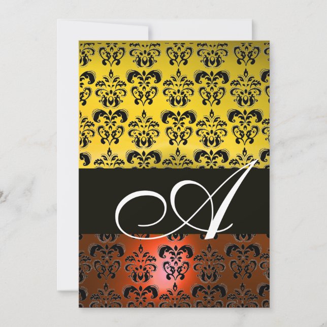 YELLOW ORANGE BLACK DAMASK MONOGRAM ,bright white Invitation (Front)