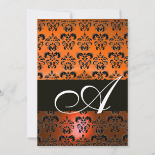 YELLOW ORANGE BLACK DAMASK MONOGRAM ,bright white Invitation