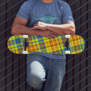 Yellow Orange Blue Plaid Tartan Design Skateboard