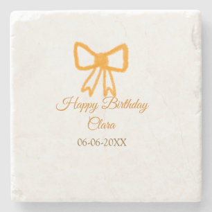 Yellow orange bow watercolor retro happy birthday  stone coaster