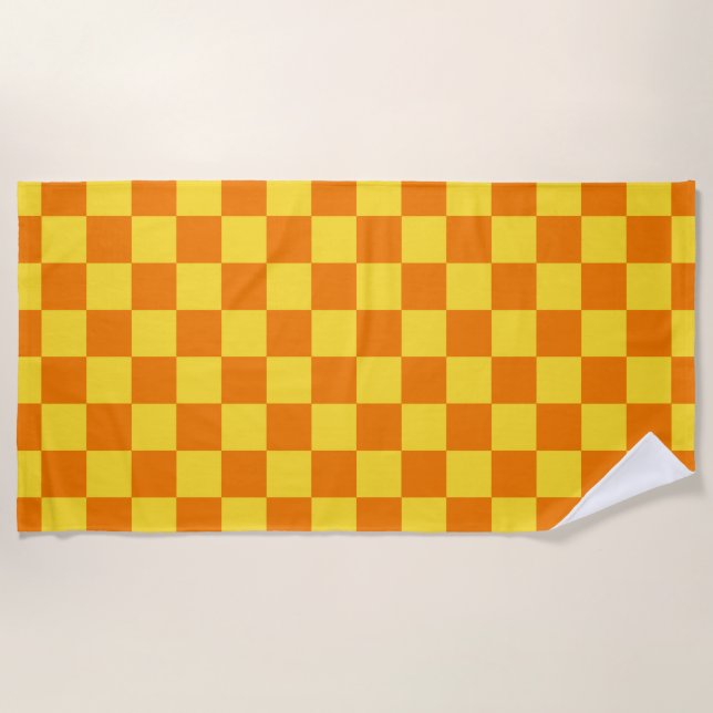 Yellow Orange Chequerboard Chequered Checked Check Beach Towel (Front)