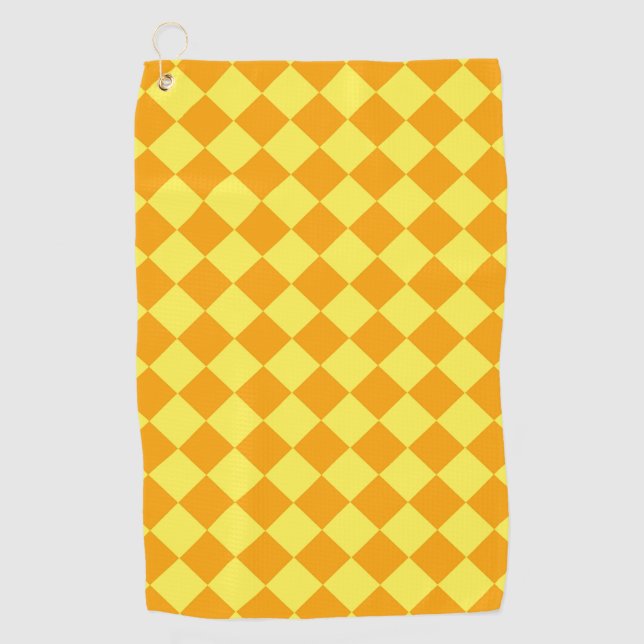 Yellow Orange Chequered Diamond Pattern Golf Towel (Front)