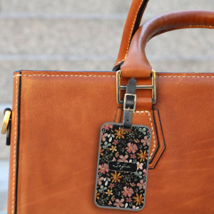 Yellow orange floral pattern black Luggage Tag