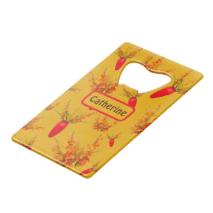 Yellow & Orange Floral Pattern on Yellow Monogram  Credit Card Bottle Opener