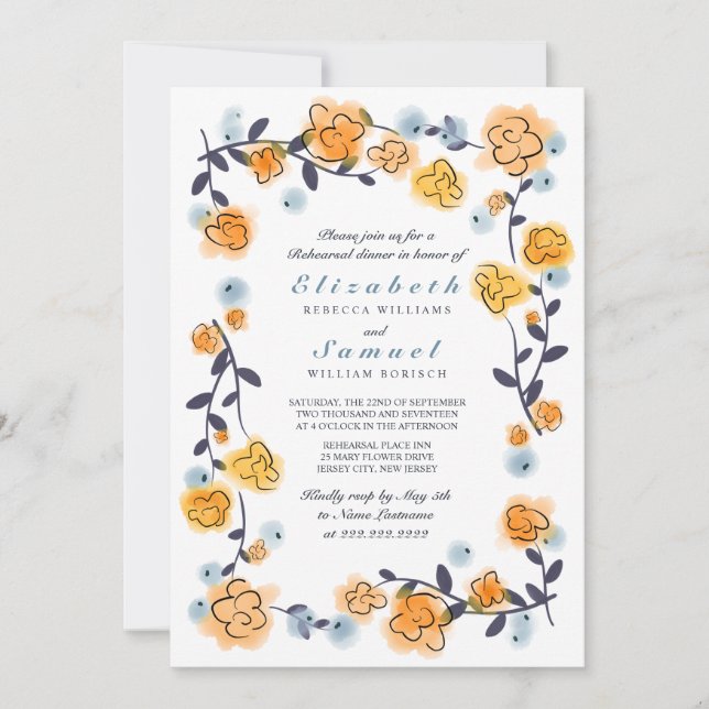 Yellow Orange Floral Rehearsal Dinner Invite (Front)