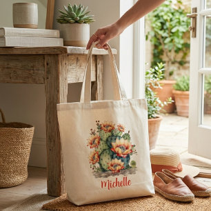 Yellow/Orange Flowering Cactus With Name Tote Bag