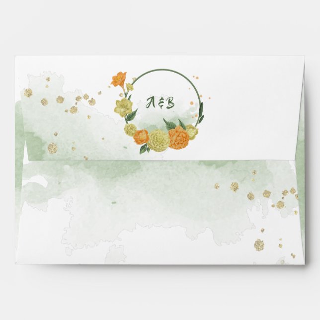 yellow orange flowers greenery wreath monogram envelope (Back (Top Flap))