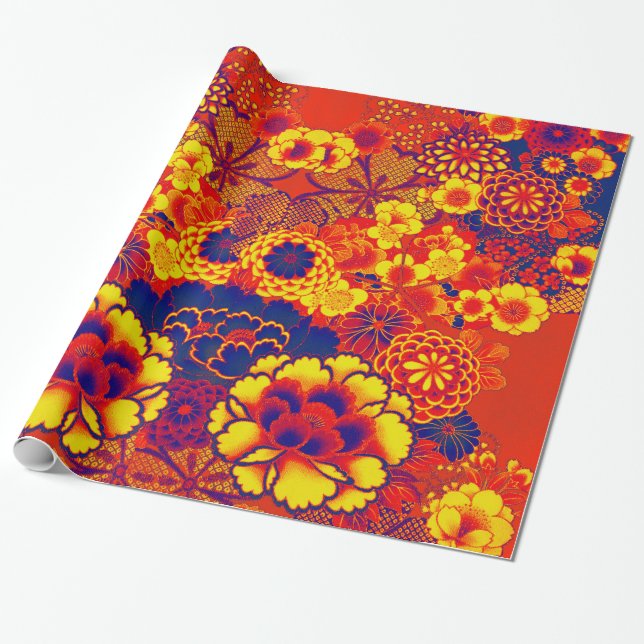 YELLOW ORANGE FLOWERS Peony,Roses Japanese Floral Wrapping Paper (Unrolled)