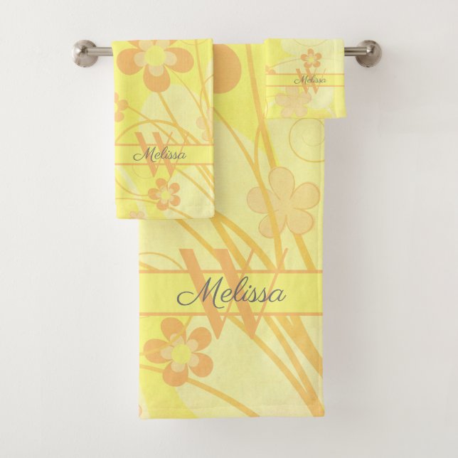 Yellow Orange Flowers Simple cute Floral Monogram Bath Towel Set (Insitu)