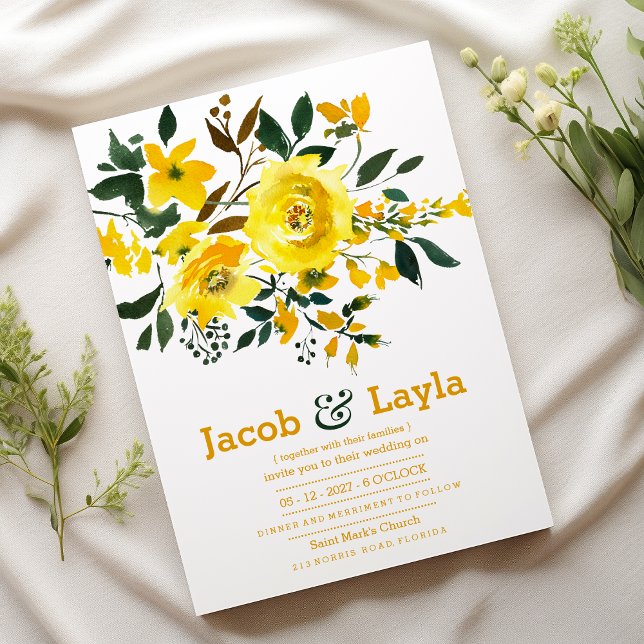 Yellow orange green flower bouquet summer Wedding  Invitation (Yellow orange green flower bouquet summer Wedding )