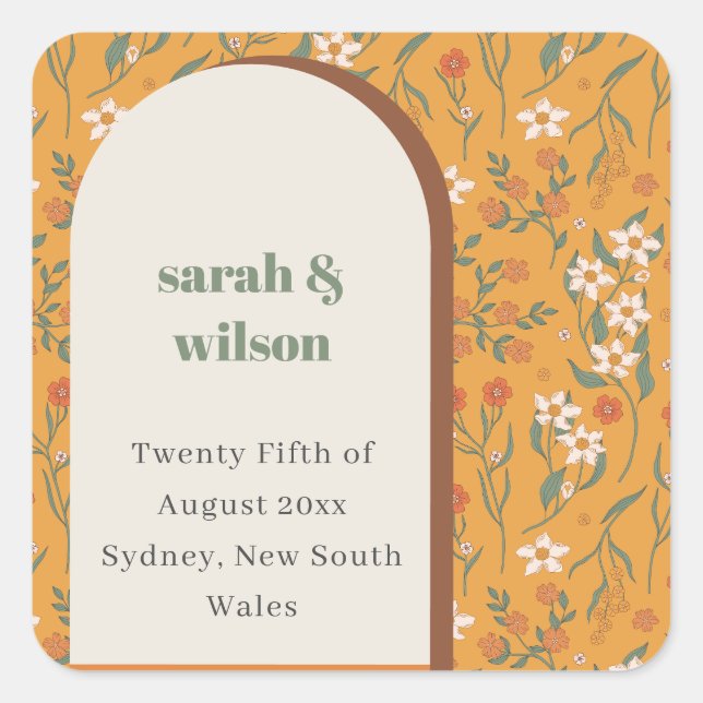 Yellow Orange Groovy Retro Arch Floral Wedding Square Sticker (Front)