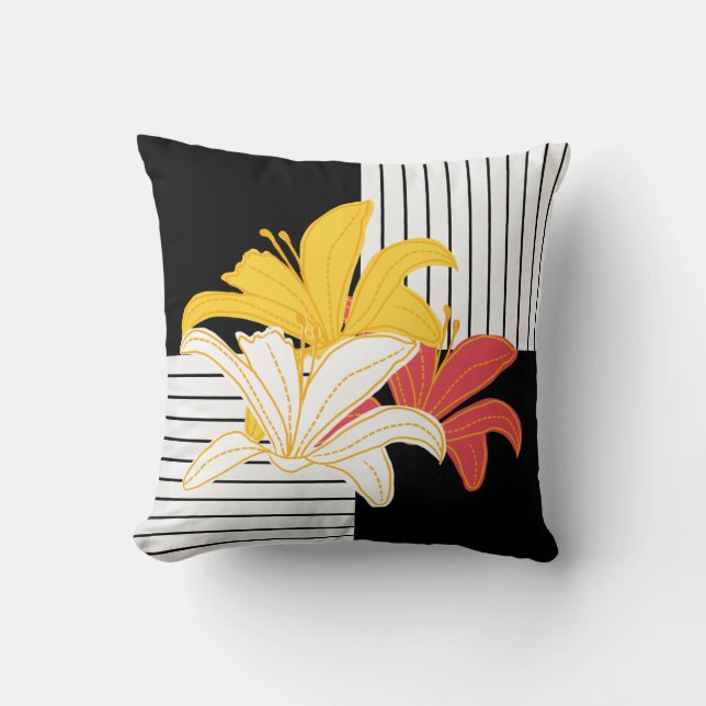 Yellow Orange Lilies on Black White Stripes Throw  Throw Pillow (Front)