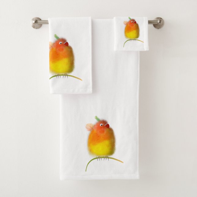 Yellow & Orange  Lovebird Towels set. (Insitu)