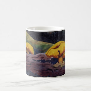 Yellow orange mushrooms on a deep woods log coffee mug