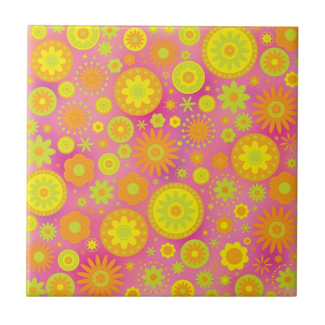 Yellow Orange & Pink Hippy Flower Pattern Tile (Front)