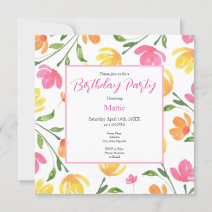 Yellow Orange Pink Watercolor Floral Stems Pattern Invitation