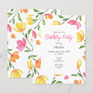 Yellow Orange Pink Watercolor Floral Stems Pattern Invitation
