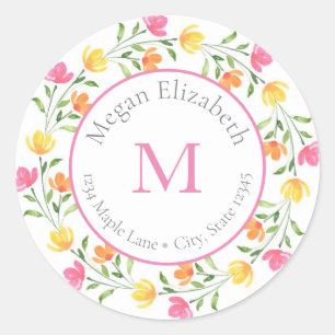 Yellow Orange Pink Watercolor Floral Wreath label