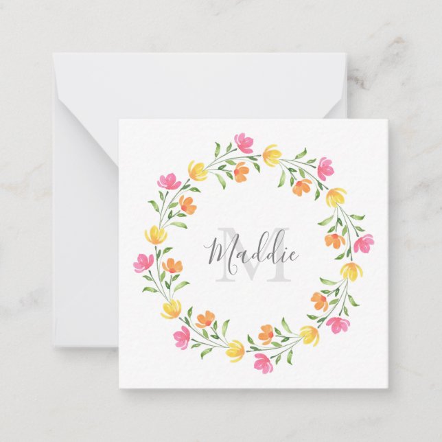 Yellow, Orange, Pink Watercolor Floral Wreath Note Card (Front)