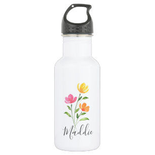 Yellow Orange Pink Watercolor Flower Stems 532 Ml Water Bottle