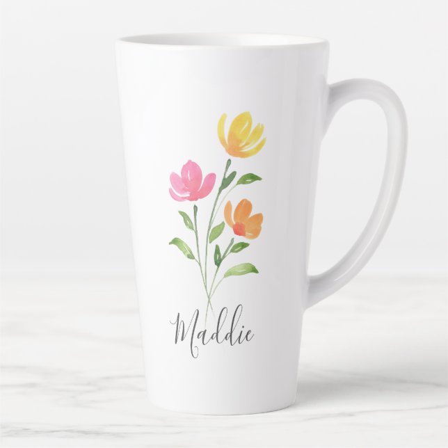 Yellow Orange Pink Watercolor Flower Stems Latte Mug (Right)