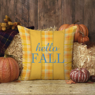 Yellow Orange Plaid Gingham Family Name Hello Fall Throw Pillow