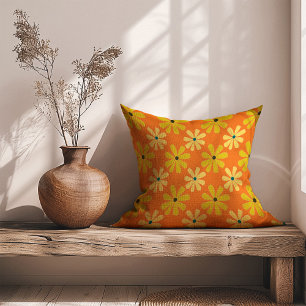 Yellow Orange Retro 70s Daisies Pattern Throw Pillow