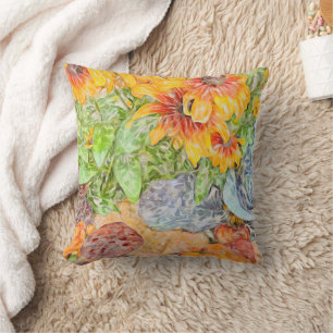 Yellow Orange Rudbeckia Painterly-Blue accents Throw Pillow