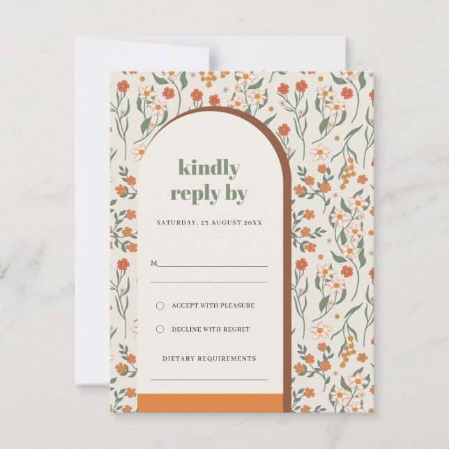 Yellow Orange Rust Groovy Retro Arch Flora Wedding RSVP Card (Front)