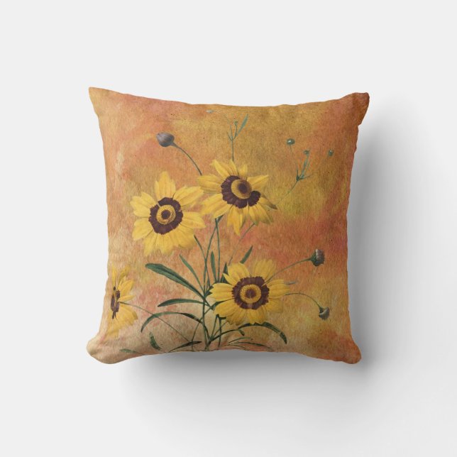 Yellow & Orange  Shabby Floral Throw Pillow (Front)