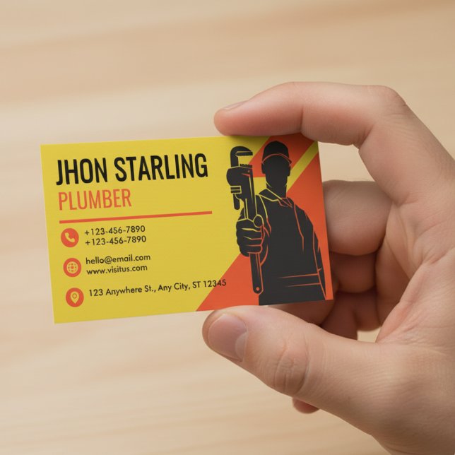 Yellow Orange Silhoutte Plumbing Services Business Card (Creator Uploaded)