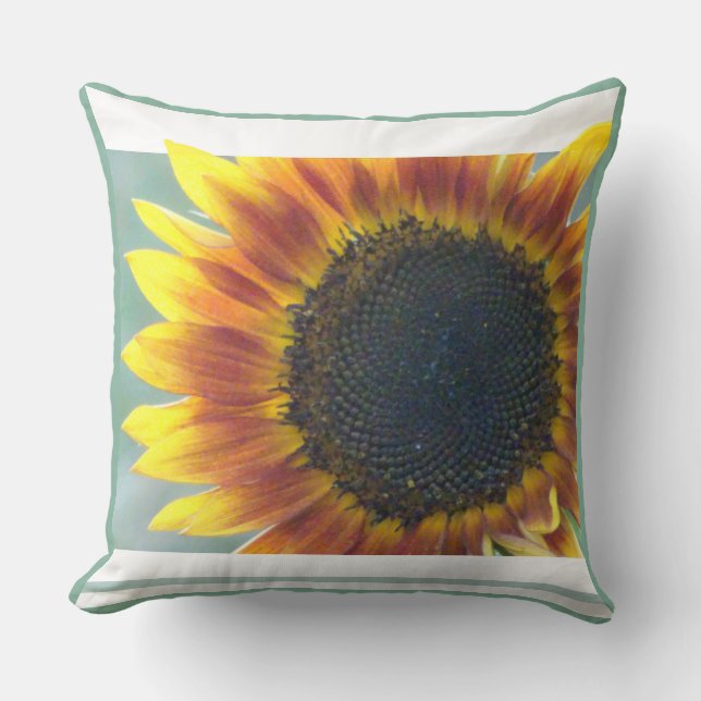 Yellow Orange Sunflower Cust. Blue Throw Pillow (Front)