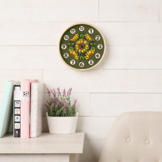 Yellow Orange Sunflower with Green & Brown Clock
