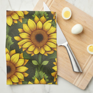 Yellow Orange Sunflower with Green & Brown Kitchen Towel