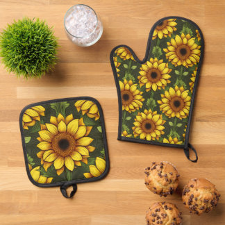 Yellow Orange Sunflower with Green & Brown Oven Mitt & Pot Holder Set