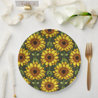 Yellow Orange Sunflower with Green & Brown Paper Plate