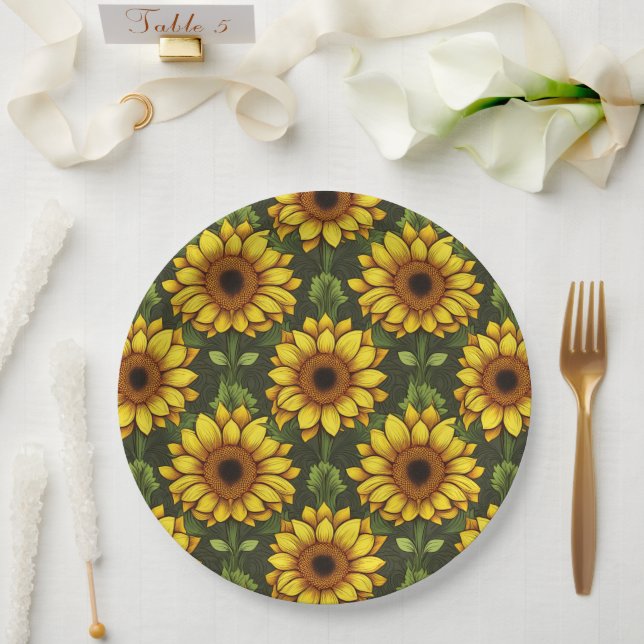 Yellow Orange Sunflower with Green & Brown Paper Plate (Wedding)