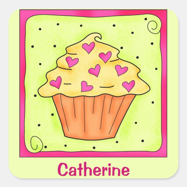 Yellow Orange Sweet Heart Art Cupcake Personalized Square Sticker (Front)