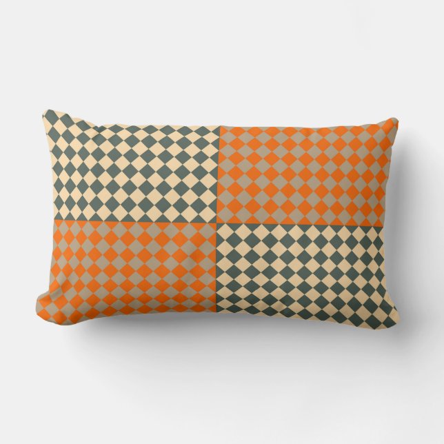 Yellow Orange Taupe Chequered Diamond Pattern Lumbar Pillow (Front)