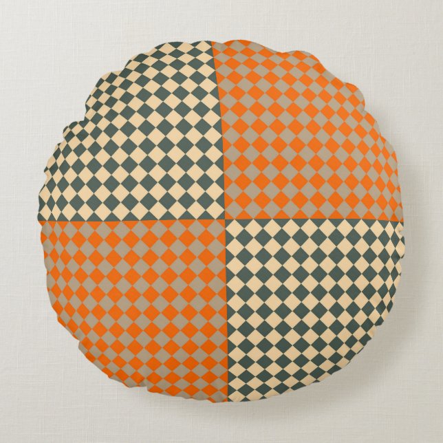 Yellow Orange Taupe Chequered Diamond Pattern Round Pillow (Front)