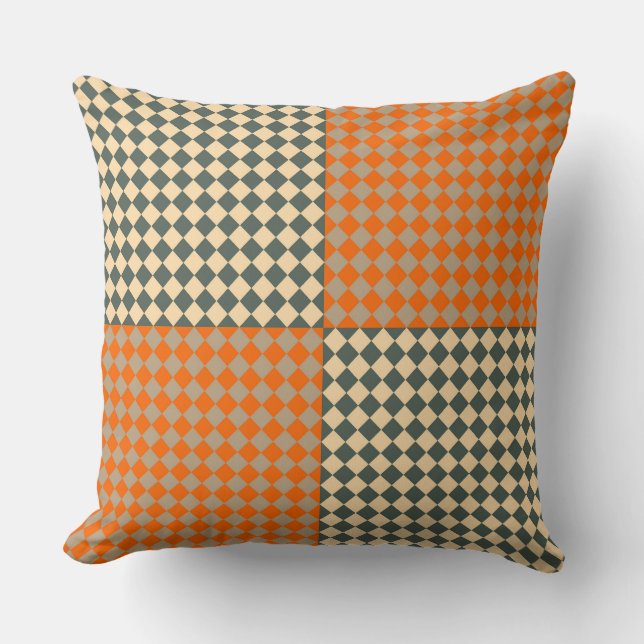 Yellow Orange Taupe Chequered Diamond Pattern Throw Pillow (Front)