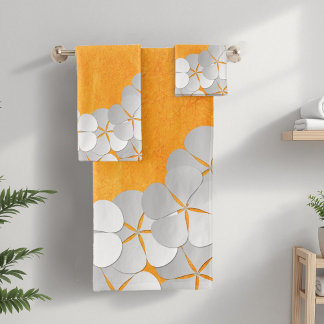 Yellow-Orange Watercolor and White Flowers Bath Towel Set