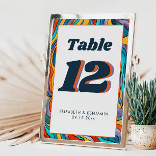 Yellow Orange Wavy Modern Retro Groovy Wedding Table Number