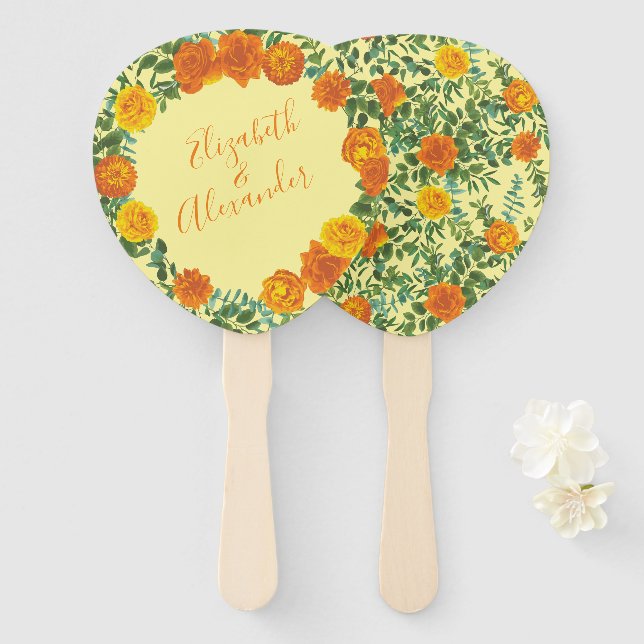 Yellow Orange Wedding Floral Hand Fan (Front and Back)