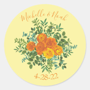 Yellow Orange Wedding Floral Roses Classic Round Sticker