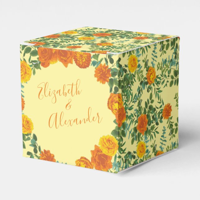 Yellow Orange Wedding Floral Roses Favor Box (Front Side)