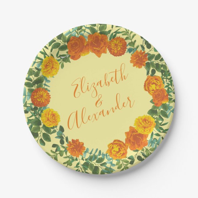 Yellow Orange Wedding Floral Roses Paper Plate (Front)