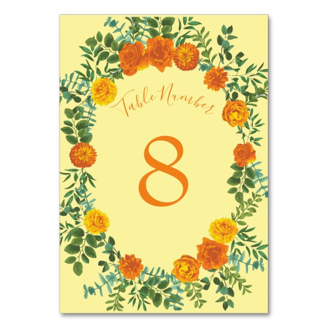 Yellow Orange Wedding Floral Roses Table Number (Back)